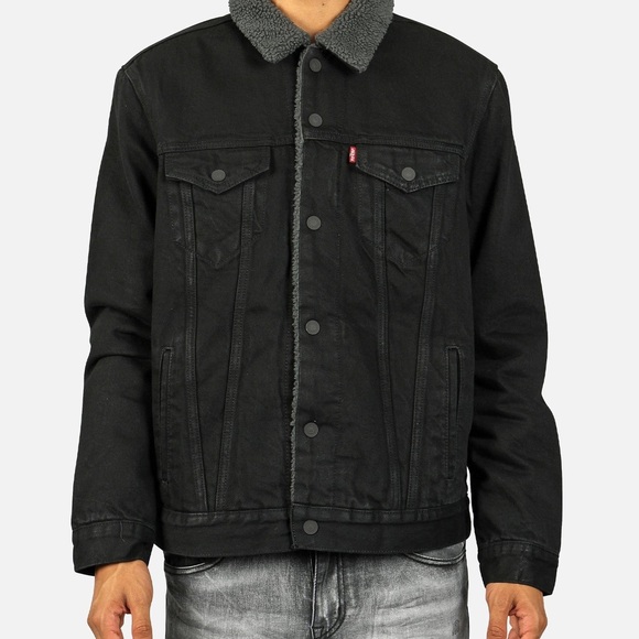 Men's Levi Snap Closure Black Denim Jacket with Sherpa Collar and Lining - Picture 1 of 13